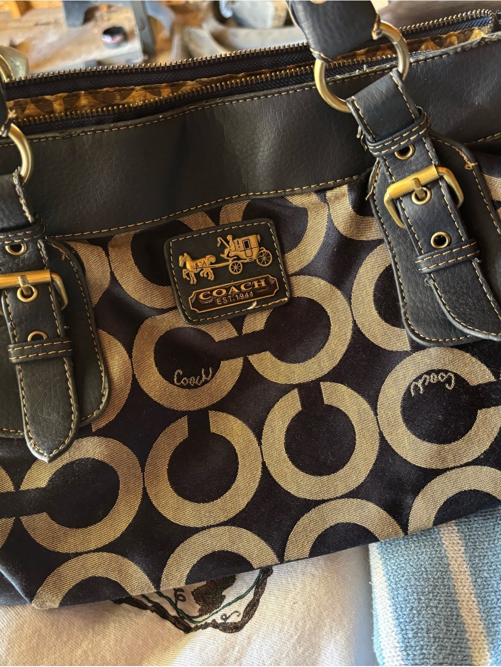 Coach Circle Signature Shoulder Bag in navy  and Tan with Gold Hardware